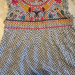 THML Blouse S Black White Floral Colorful Embroidered Ruffle Sleeve Boho Rayon